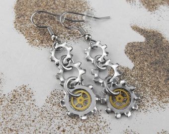 Steampunk Long Mechanical Dangle Earrings - Screech and Mechanical Uproar by COGnitive Creations