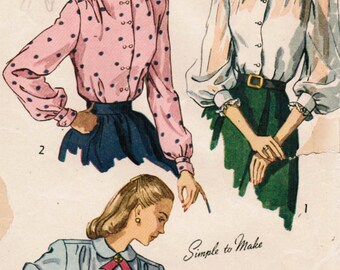 1940s Simplicity 2382 Vintage Sewing Pattern Misses' Blouse Size 12 Bust 30