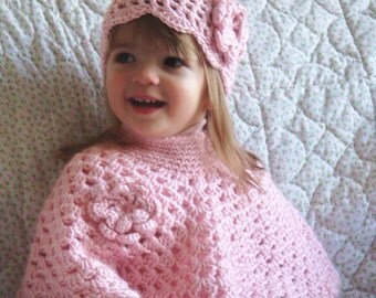 Pink Baby Poncho and Hat Little Girls Poncho Set Crochet