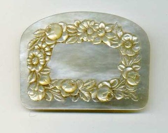 Vintage - HANDCARVED MOTHER of PEARL Flowers and leaves Purse, Victorian - one part, front - embossed leaves and flowers - french work