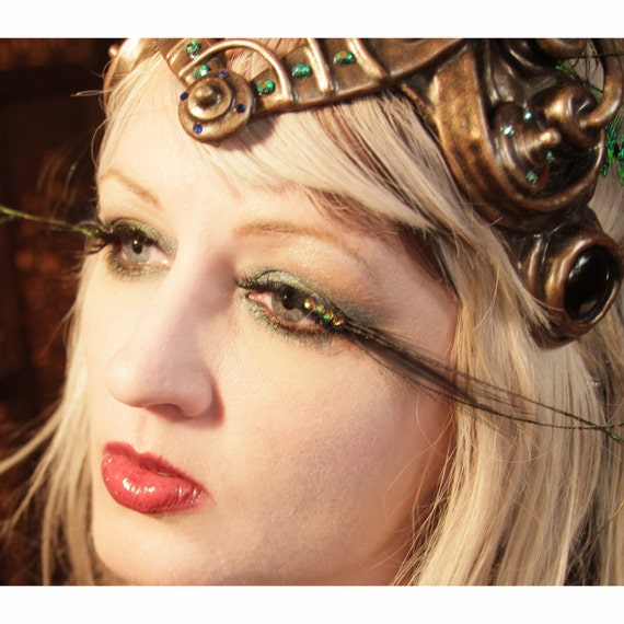 ABSINTHE EYES Green & Gold Peacock Feather Eyelashes w/