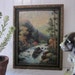 vintage Autumn landscape Art Print, Mountains, White Water River Framed Litho, retro cabin lodge decor, fall colors