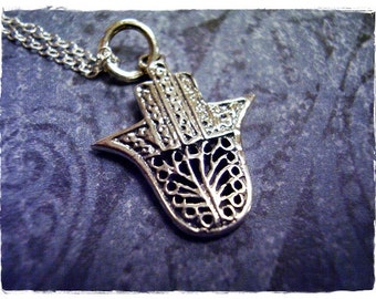 Oxidized Filigree Hamsa Hand Necklace - Sterling Silver Filigree Hamsa Hand Charm on a Delicate Sterling Silver Cable Chain or Charm Only