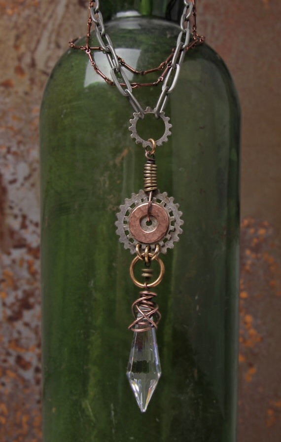 Pendulum necklace wire wrapped crystal point gears