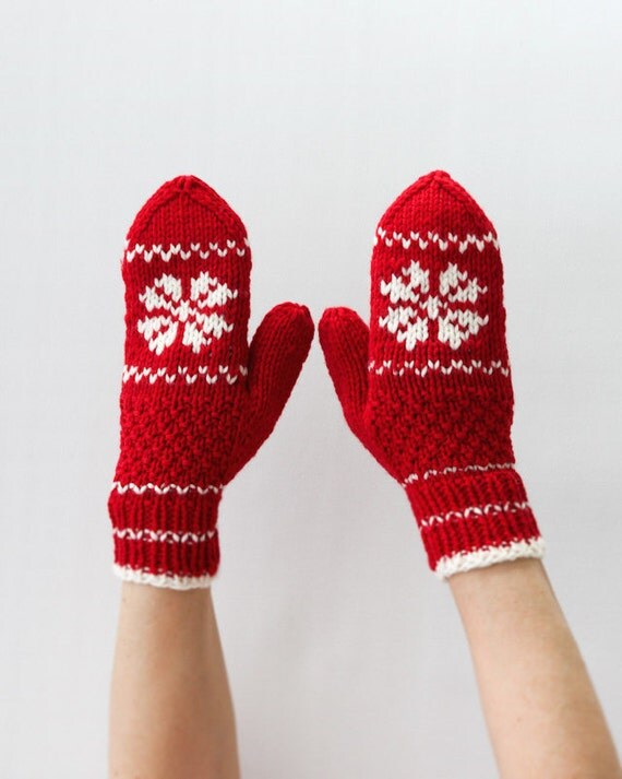 Knitted Wool Mittens Winter Mittens Red Mittens Fair by HappyLaika