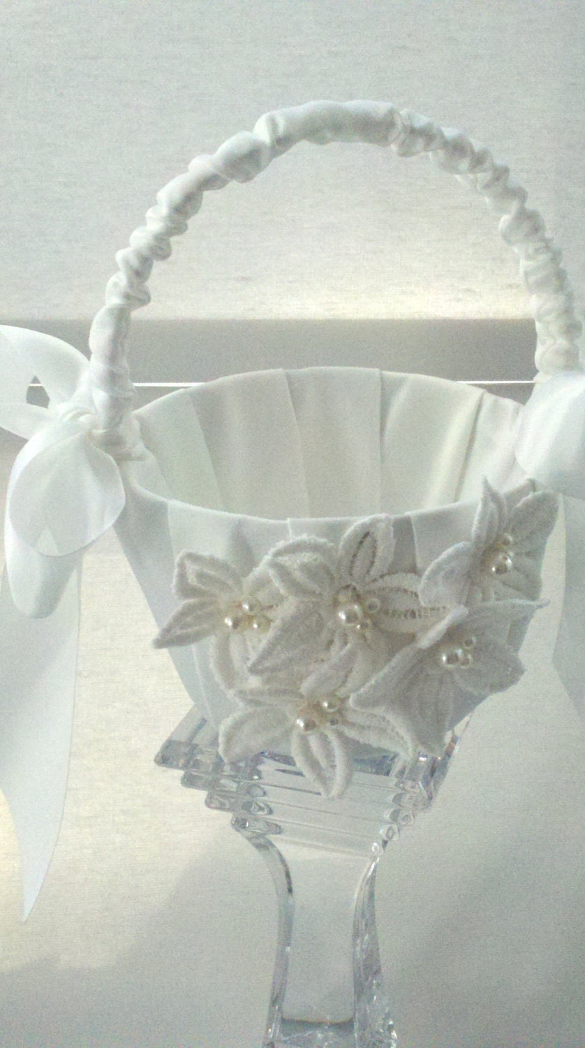 Wedding Flower Girl Basket Vintage White Lace Flowers