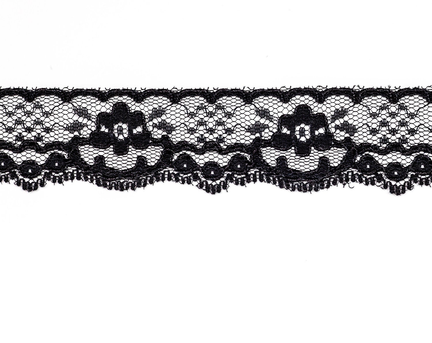 10 1/2 Yards Vintage Black Lace Trim with a Scalloped Edge.