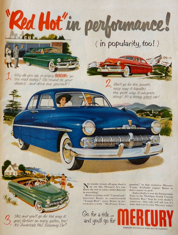 Vintage Mercury Car Ad 1950 Vintage Magazine Ad Blue