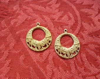 2 Vintage Raw Brass Filigree Hoops .. B - 3