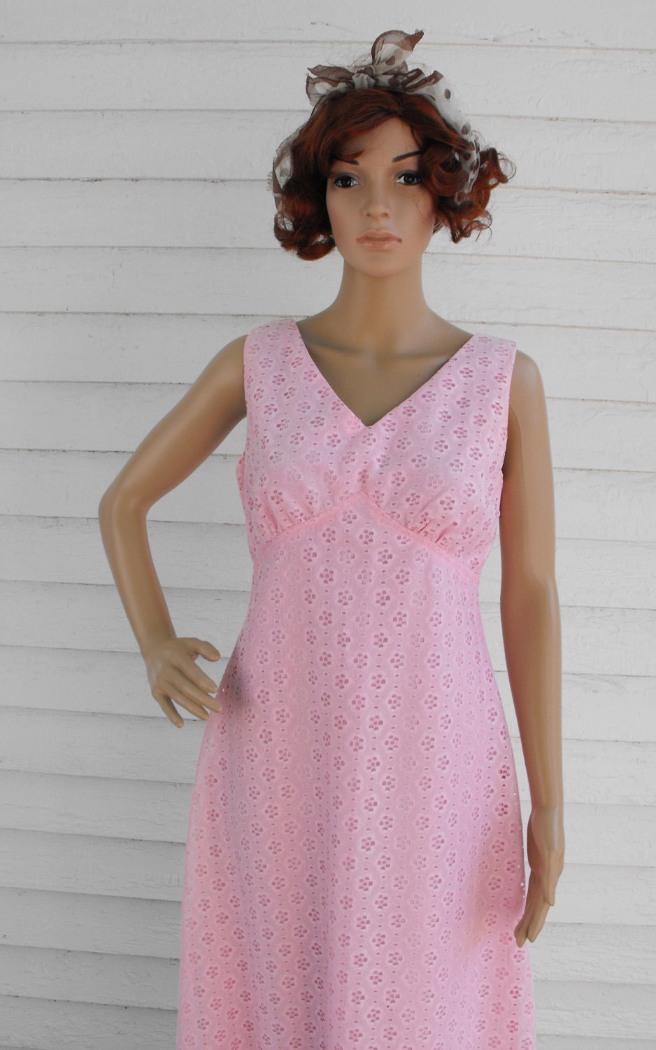 Pink Dress Sleeveless Maxi Eyelet Vintage 70s S M by soulrust
