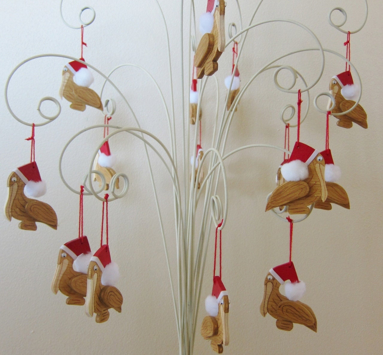 4 Wooden Pelican Ornaments with 2 Day Priority Shipping