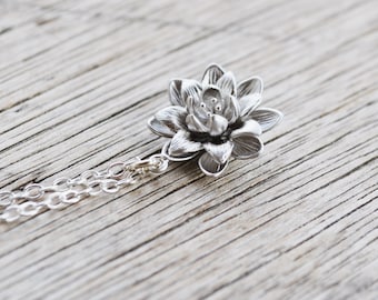 Silver Lotus Flower Necklace, Sterling Silver Chain, Water Lily Flower Pendant, Beauty Life, Gift Under 25