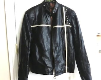 Men's Leather Motorcycle Jacket w/Minimal White Race Stripes w/Studs River Island London Clothing Solid Black Real Leather