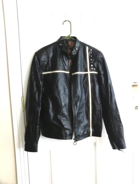 Men's Leather Motorcycle Jacket w/Minimal White Race