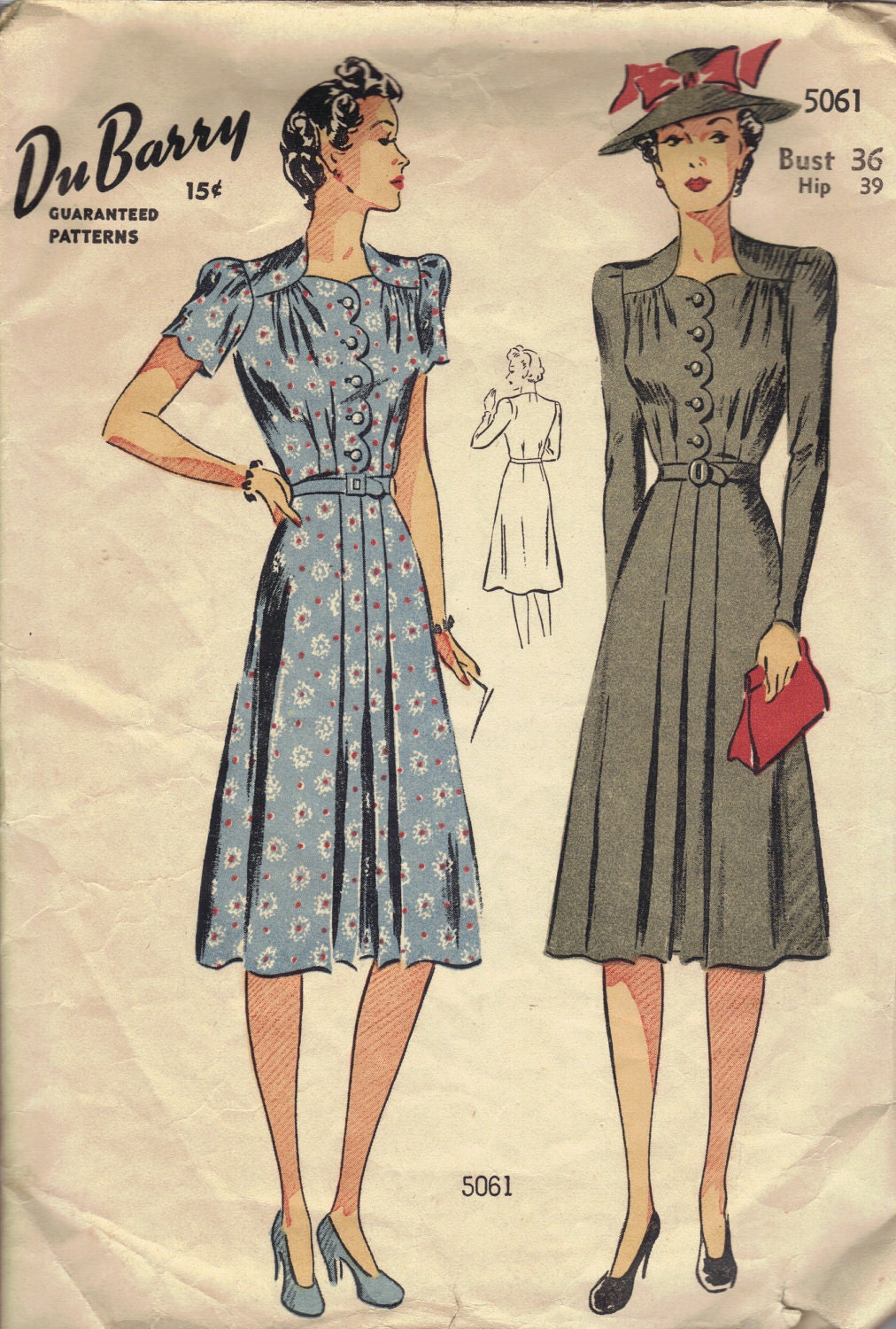 1940s Tea Dress WWII Fashion Pleated Skirt Front Scallop