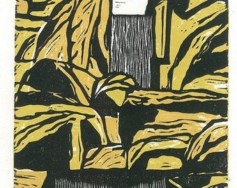 ROCK and WATERFALLS - Linocut Print - Rocky Landscape Print 6x9 - Ready to Ship