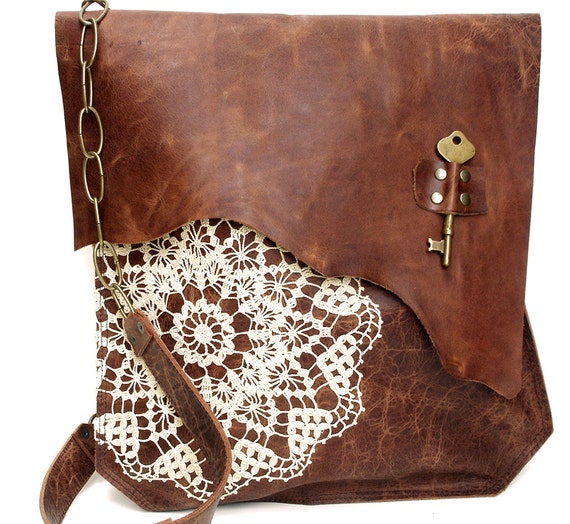 Boho Leather Messenger Bag with Crochet Lace & Antique Key - XL Deluxe MADE to ORDER