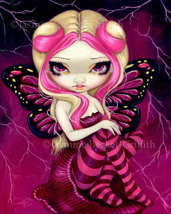 Items similar to Pink Lightning lowbrow storm fairy art print by