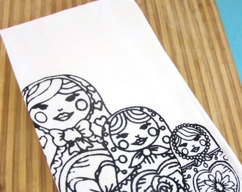 Nesting Dolls Towel Kitchen Dish Cloth Tea Towels - CUTE Scandinavian print  Indie House Wares - Home Decor Russian matryoshka dolls
