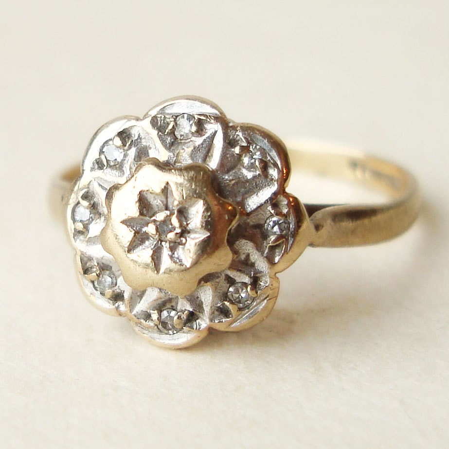 Vintage Diamond Flower Ring 9k Gold Engagement By Luxedeluxe 