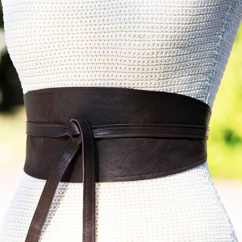 REVERSIBLE Leather Wide belt obi wrap sash corset Dark