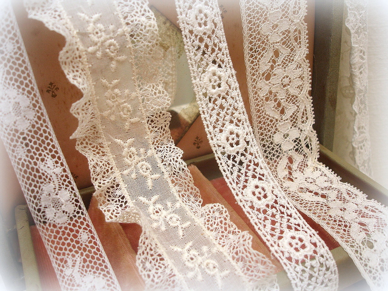 vintage lace sampler . antique net lace . embroidered organza