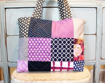 SALE LargeTote bag Quilted Reversible Modern Diaper bag Market bag by PETUNIAS mod preppy nappy sack knitting bag birthday gift navy purple