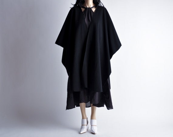 80s black fleece draped cape coat / s / m / l by persephonevintage