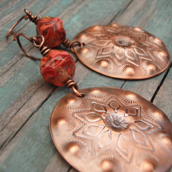 Copper Concho Earrings with Red Czech Glass Beads