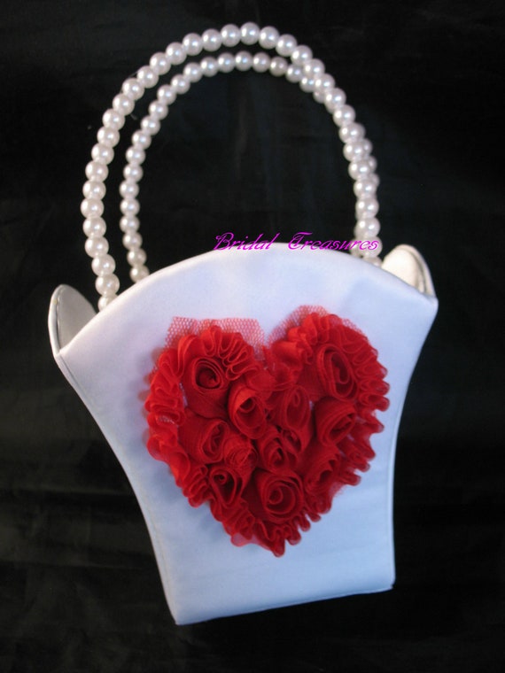 WHITE Satin Flower Girl Basket with Red Organza Flowered Heart-CUSTOM COLORS