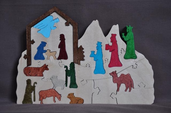 Colorful Nativity Scene Puzzle Wooden Hand Cut Christmas