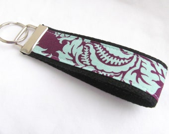Wristlet Key Fob Key Chain in Aviary II Damask in Plum - Fabric Keychain