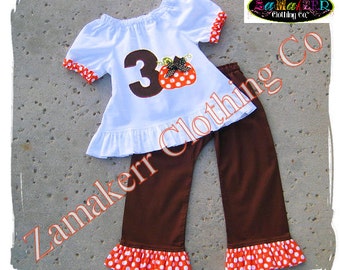 Girl Fall Thanksgiving Pumpkin Outfit - Custom Boutique Clothing Top Ruffle Pant Set 3 6 9 12 18 24 month size 2T 2 3T 3 4T 4 5T 5 6 7 8