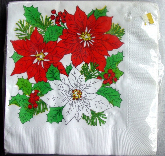 Vintage Christmas Poinsettia Paper Dinner Napkins Set of 18