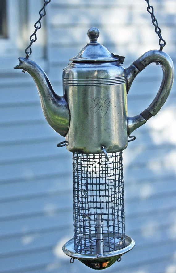Vintage Silver Tea Pot Bird Feeder Garden sculptrure from
