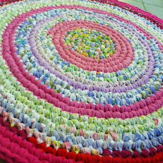 Eco Friendly Round Rag Rug (upcycled fabric crochet in pink multi)