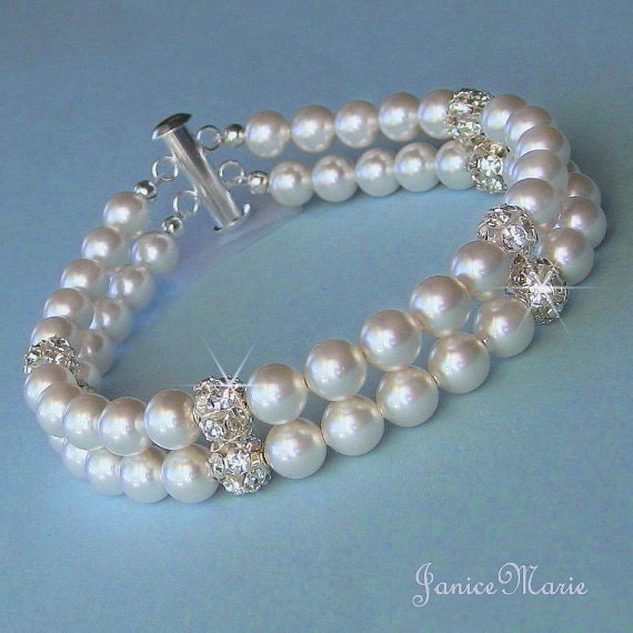 Double Strand Pearl Bracelet Pearl/Fireball Cuff by JaniceMarie