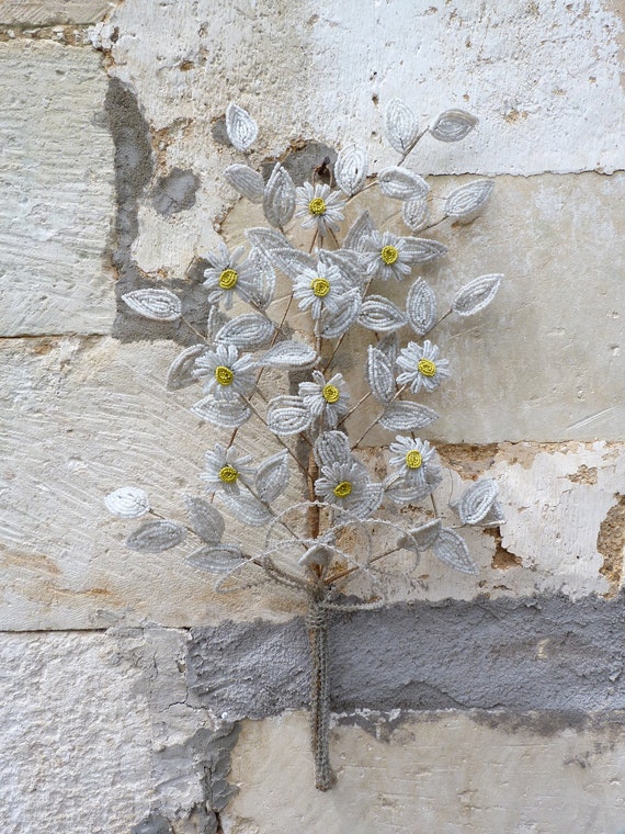 Antique French beaded funerary beadwork flowers seeds glass