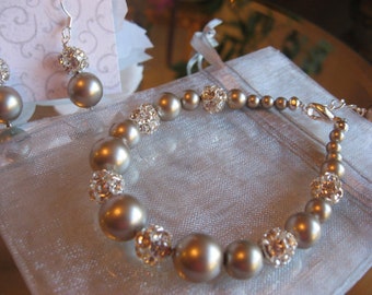 Swarovski Platinum Pearl and Swarovski Rhinestone Bracelet and Earring Set - Bride or Bridesmaid Pearl Jewelry Set