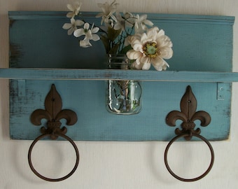 Shabby Robin Egg Blue Chic Bathroom or Kitchen Fleur de Lis Towel Rings Shelf with Maison Jar