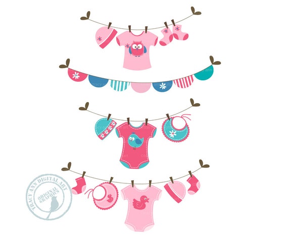 Items similar to Mindy Blue and Pink Baby Laundry Line Clip Art, Baby ...