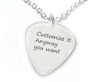 Customize Guitar Pick Necklace Personalized anyway you want Hand Stamped Pendant Music Gift Birthday sterling silver brass copper aluminum
