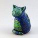 Blue Cat Figurine Sculpture with Green Stripes