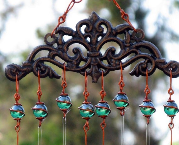 Windchime / Wind Chime with Recycled Aluminum and Copper Wrapped Iridescent Emerald Green Glass Marble Prisms