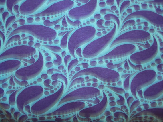 Purple paisley on turquoise Cotton Lycra knit fabric 1 YD