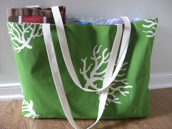 Beach Bag Extra Large - White Sea Coral on Chartreuse Beach Tote ...