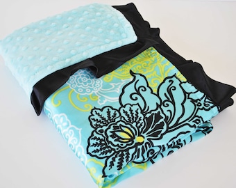 MADDOX mini BABY BLANKET.....Aqua minky dimples / Aqua medallion satin print ..Soft and comforting fabrics. Makes a great baby shower gift