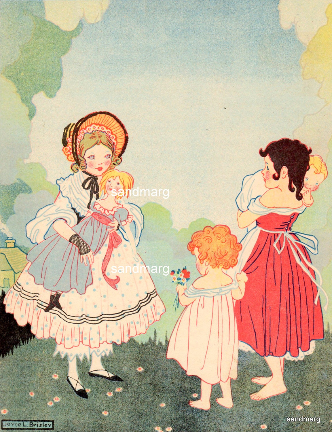 Vintage 1921 Childrens Storybook Illustration Girls with Doll