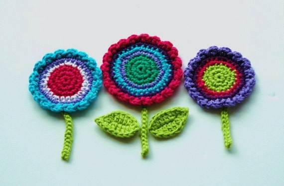 Crochet Flower Motifs  -  Purple, Turquoise, Pink