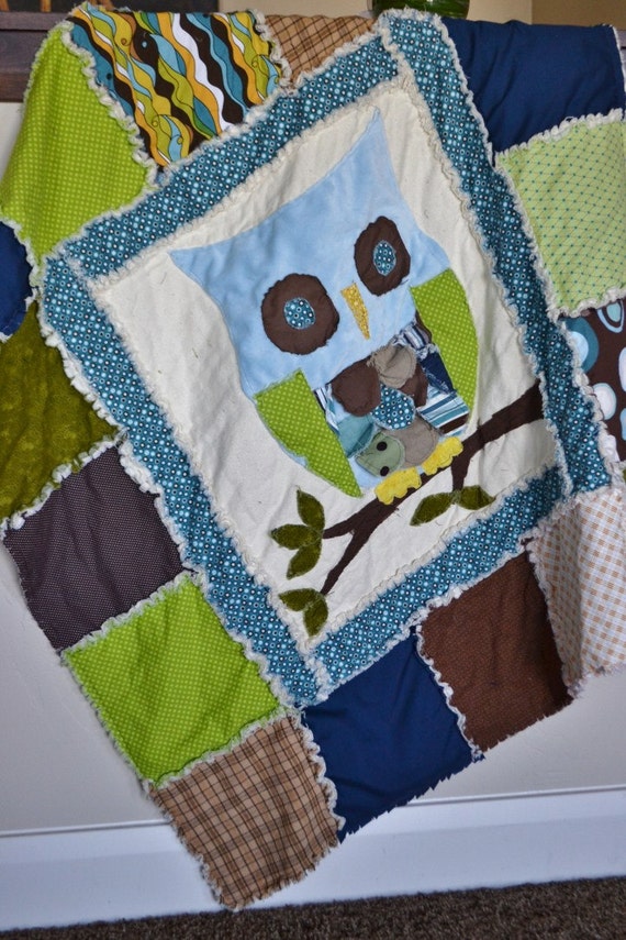 Items similar to RAG QUILT, Owl Applique, Baby Boy Crib Blanket, Vintage, Made to Order on Etsy